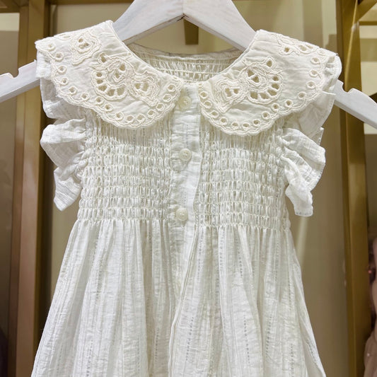 White Smocked Dress for Girls with Embroidered Collar – Ruffle Sleeves