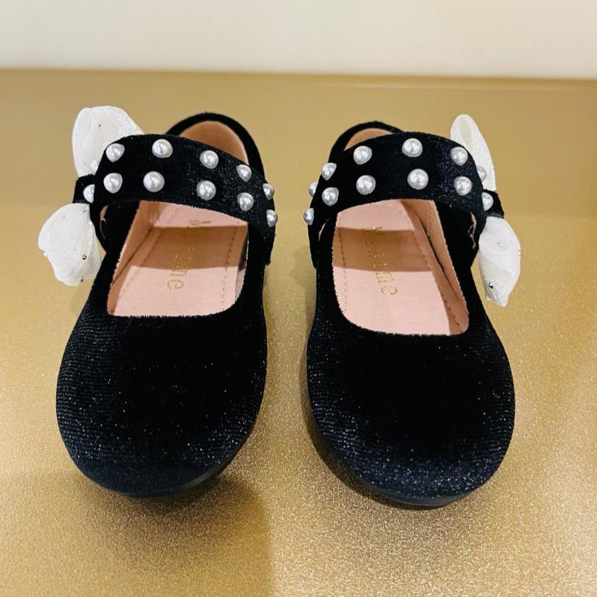 Velvet Bow Flats with Pearl-Studded Strap