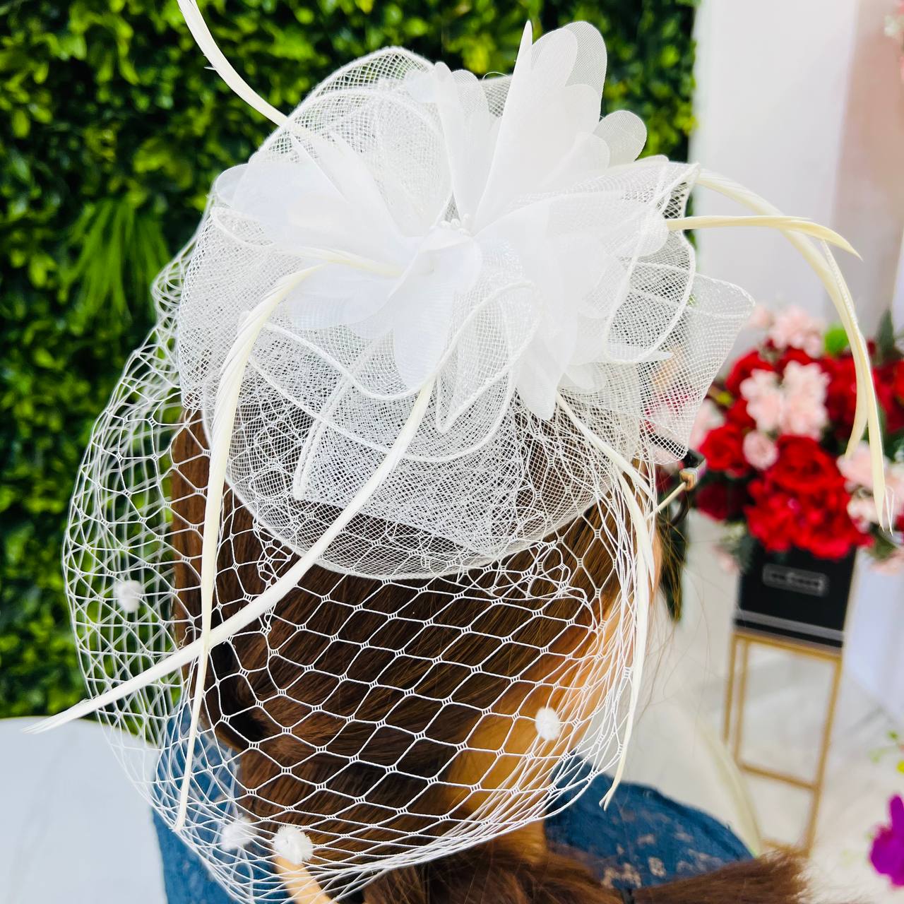 White Floral Veil Hair Fascinator for Weddings & Parties