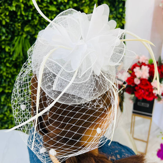 White Floral Veil Hair Fascinator for Weddings & Parties