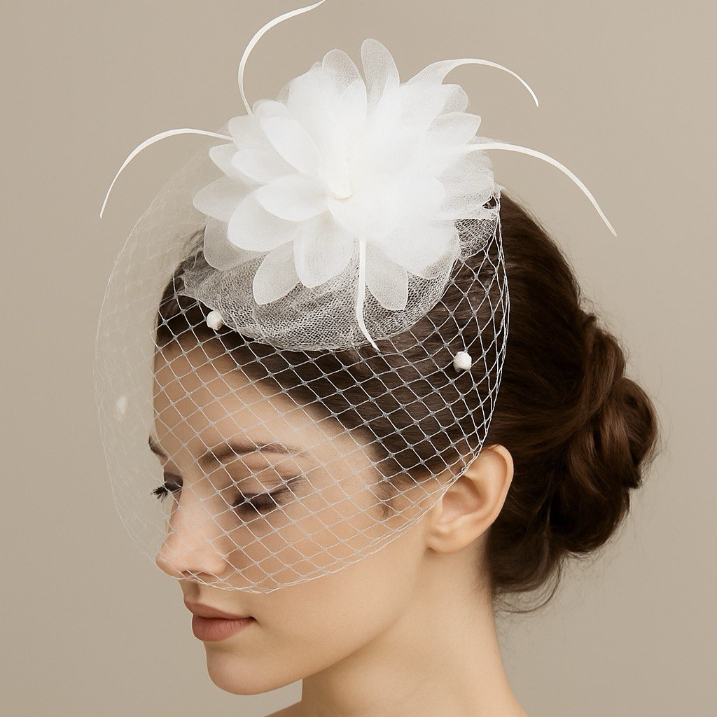 White Floral Veil Hair Fascinator for Weddings & Parties