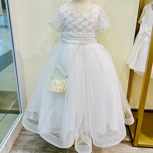 Beaded Crisscross Pearl Gown Dress