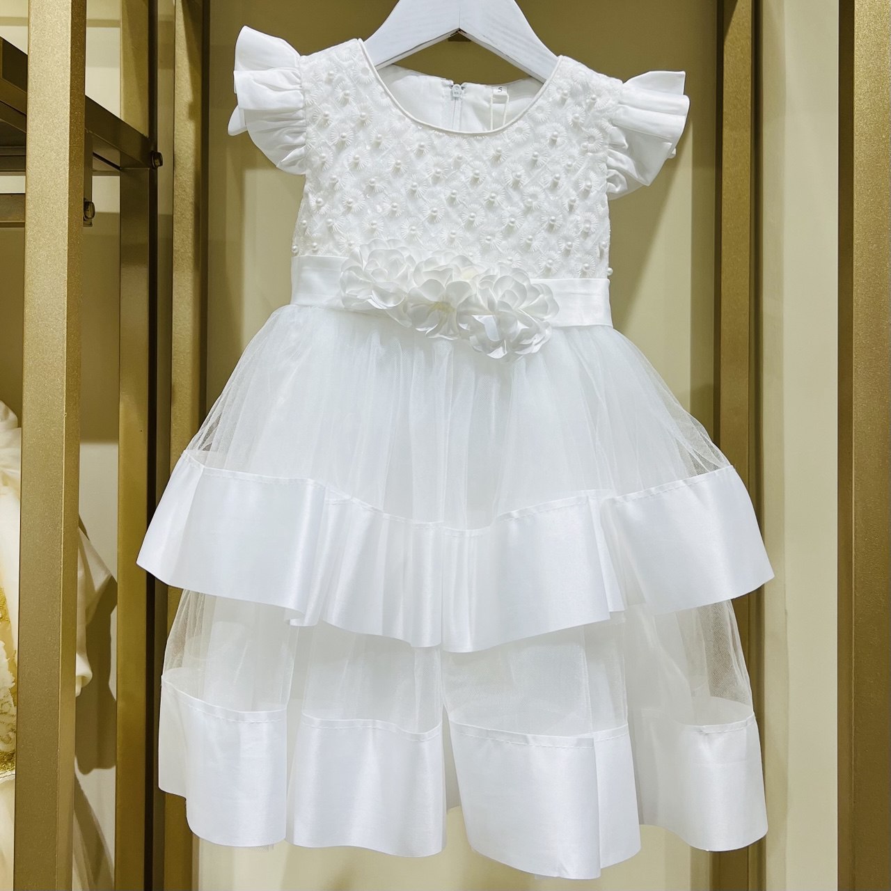 Pearl-Embellished Tiered Baby Dress