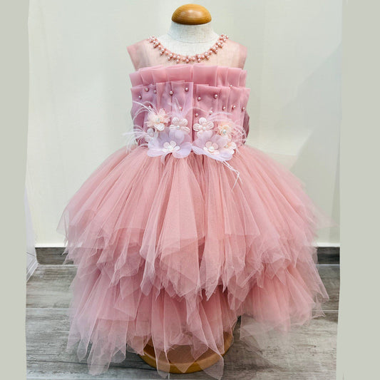 Sleeveless Pearl and Floral Tulle Dress – Dusty Rose Charm