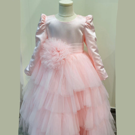 Puffy Satin and Tulle Long Sleeve Gown