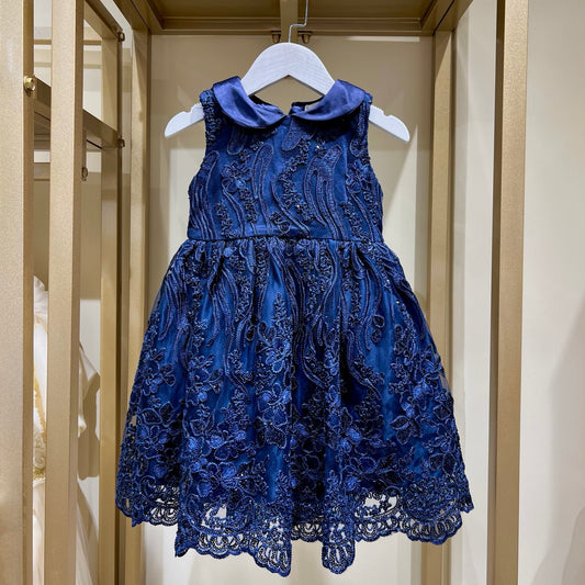 Embroidered Satin Party Dress with Peter Pan Collar