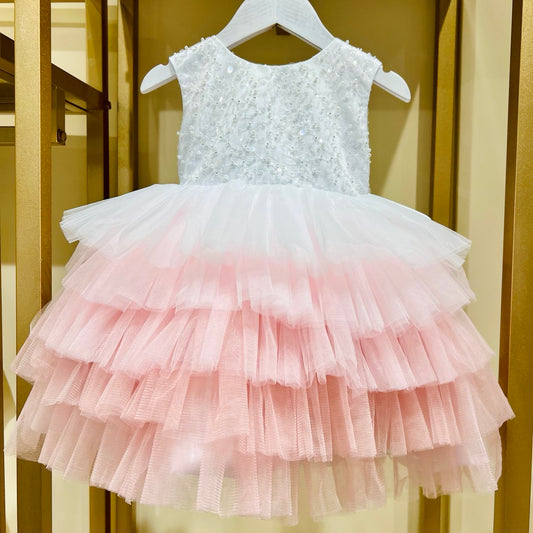 Pink and Blue Tiered Tulle Dress with Sequins and Beads