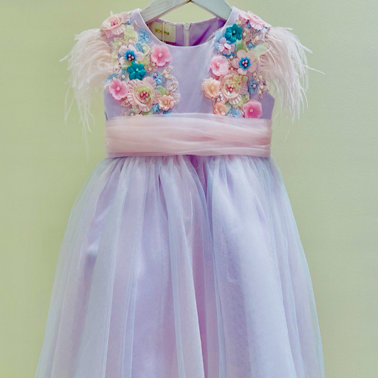 Enchanting Floral Embellished Lilac Dress with Feather Accents