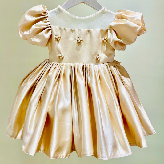Elegant Champagne Satin Dress with Puffy Sleeves and Pearl Embellishments