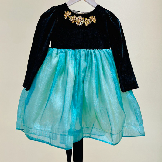 Black and Turquoise Floral Dress with Back Ribbon